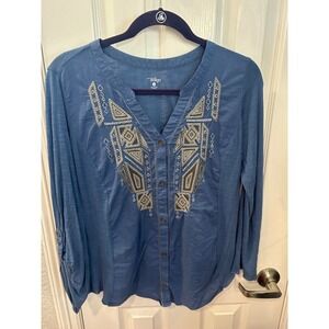 Great Northwest Indigo Button Top Blue Embroidered Boho Roll Tab Sleeve Blouse